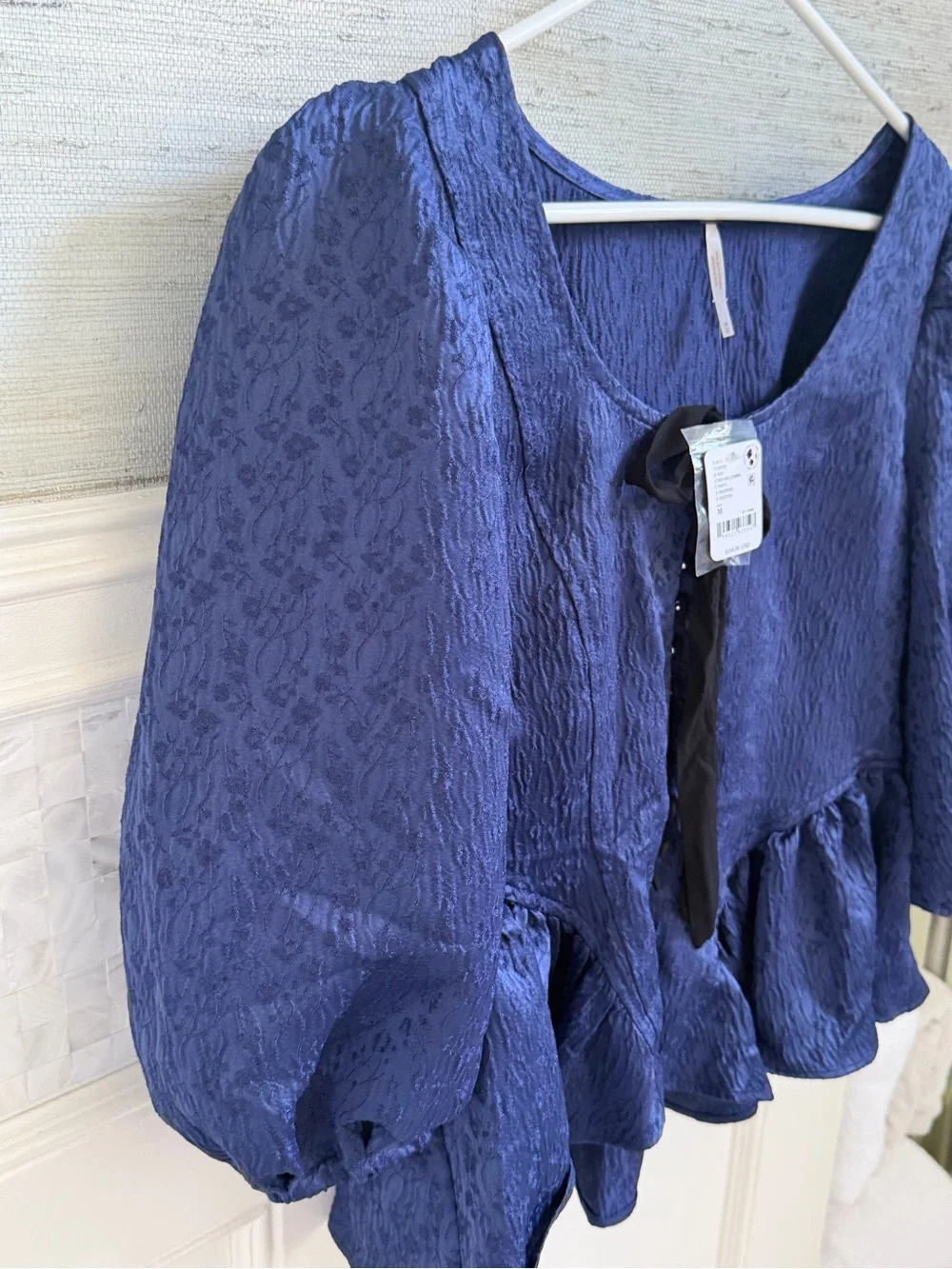 NWT new medium free people Pamela bow blouse top blue buttons puff sleeves